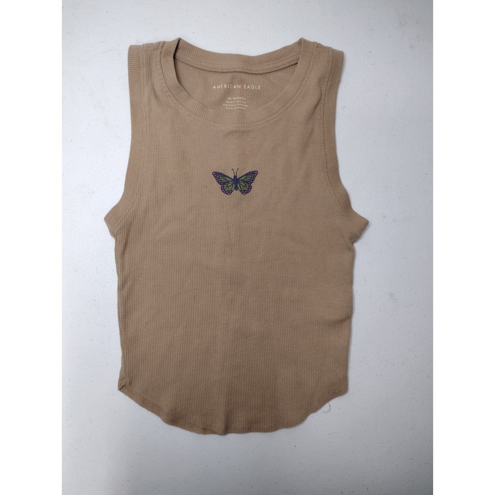 American Eagle Tan Ribbed Butterfly Graphic Tank Top Curved Hem XS